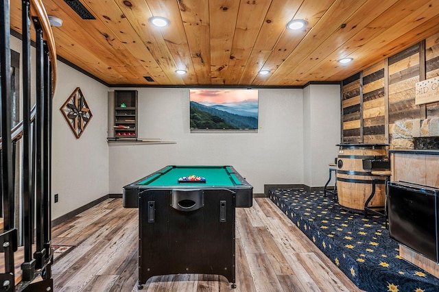 game room with pool table, hardwood / wood-style flooring, and wooden ceiling