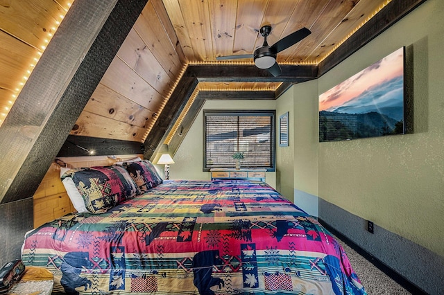 bedroom with lofted ceiling, wooden ceiling, and ceiling fan