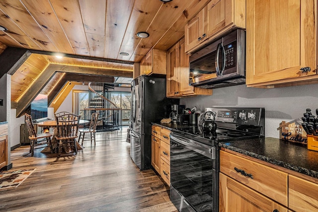 kitchen featuring vaulted ceiling, electric range oven, wood ceiling, and dark hardwood / wood-style flooring