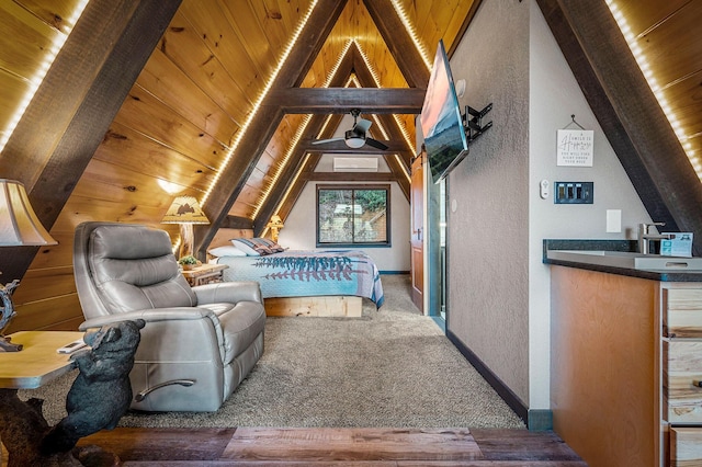 bedroom featuring wooden ceiling, dark carpet, and vaulted ceiling with beams