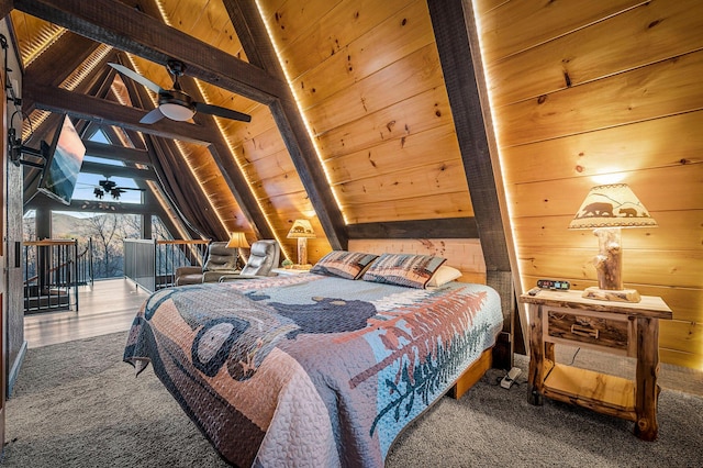 bedroom with access to exterior, wood ceiling, lofted ceiling with beams, and wood walls