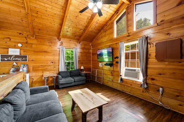 662 Morning Mist Way, Gatlinburg, TN 37738 - living area with cooling unit, wood walls, wooden ceiling, beam ceiling, and wood finished floors