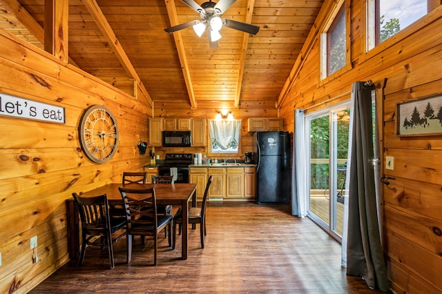 662 Morning Mist Way, Gatlinburg, TN 37738 - dining space with wooden ceiling, wood walls, vaulted ceiling with beams, and dark wood-type flooring