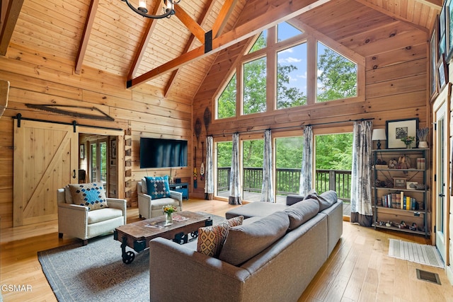 1948 Grouse Top Rd, Walland, TN 37886 - living room featuring a wooden ceiling with exposed beams, wooden walls, high vaulted ceiling, light wood-type flooring, and a barn door