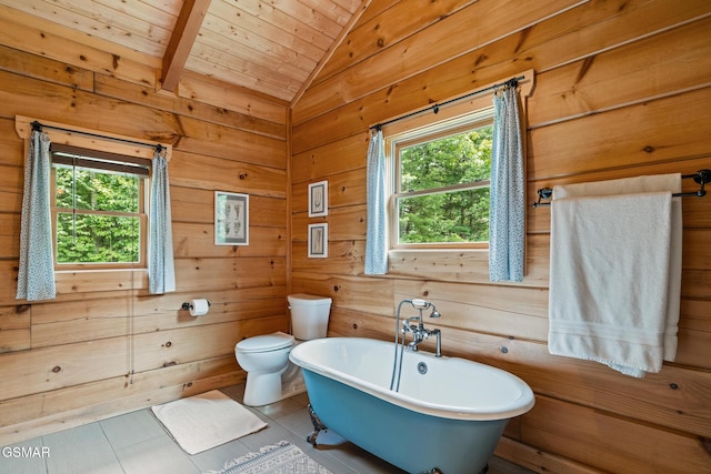 1948 Grouse Top Rd, Walland, TN 37886 - full bathroom with a freestanding tub, lofted ceiling, wood ceiling, tile patterned floors, and wood walls
