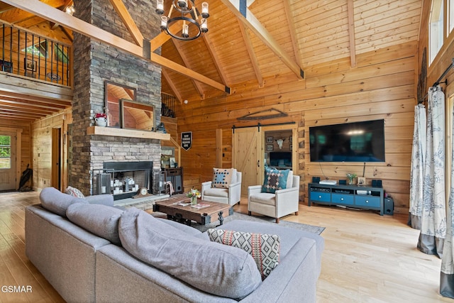 1948 Grouse Top Rd, Walland, TN 37886 - living area with high vaulted ceiling, wood walls, wood-type flooring, a stone fireplace, and a wooden ceiling with exposed beams