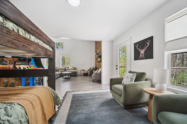 bedroom featuring wood finished floors and access to exterior