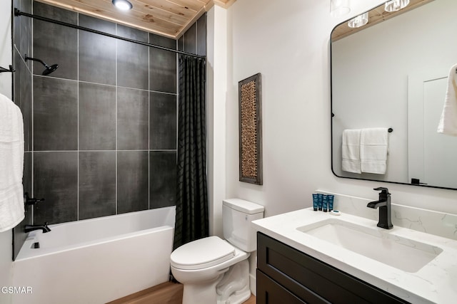 full bath featuring vanity, toilet, and shower / tub combo with curtain