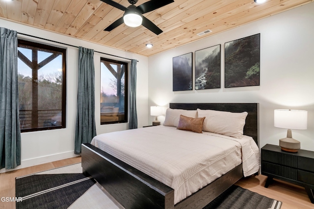 bedroom with light wood finished floors, recessed lighting, baseboards, visible vents, and wood ceiling