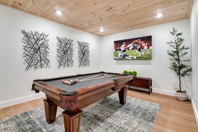rec room featuring wood ceiling, pool table, wood finished floors, baseboards, and recessed lighting