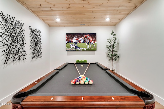 rec room with recessed lighting, wooden ceiling, and billiards