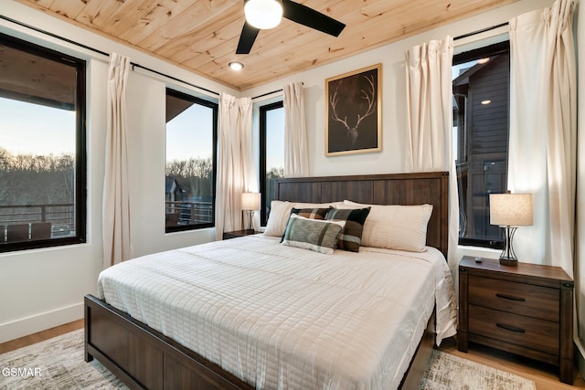 bedroom featuring wooden ceiling, baseboards, and wood finished floors