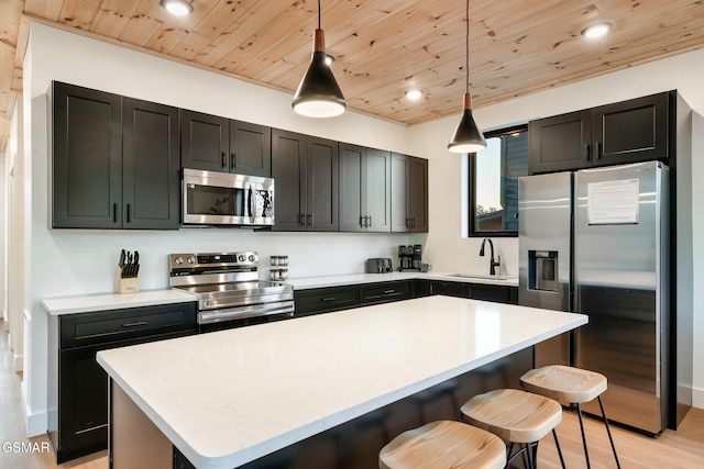 kitchen featuring wood ceiling, a center island, a sink, light wood finished floors, and stainless steel appliances
