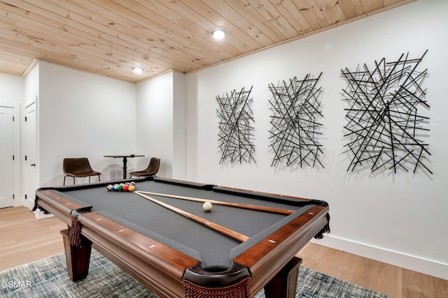 rec room with wood ceiling, billiards, crown molding, wood finished floors, and recessed lighting