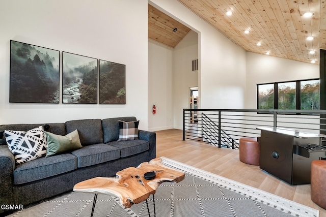 living room featuring recessed lighting, wood finished floors, visible vents, and wooden ceiling