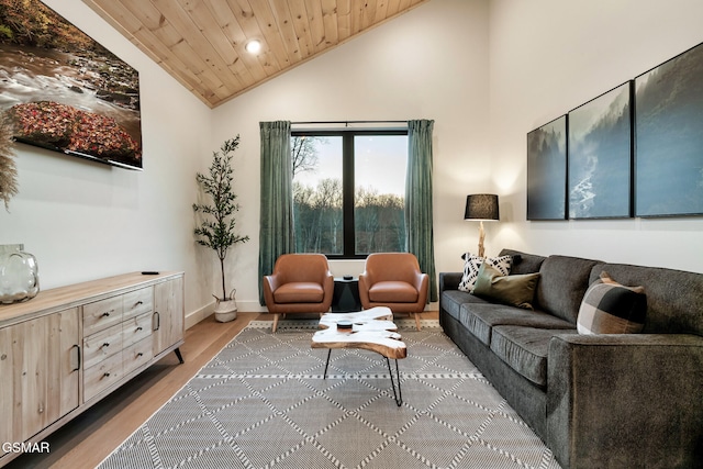 living area with wood finished floors, baseboards, high vaulted ceiling, recessed lighting, and wooden ceiling