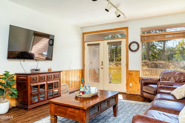 living room with wood-type flooring and french doors