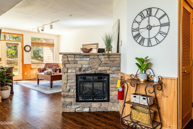 living room with dark hardwood / wood-style floors, a stone fireplace, wooden walls, and track lighting