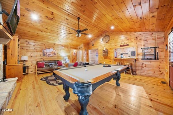 recreation room with wood ceiling, vaulted ceiling, billiards, and light hardwood / wood-style floors