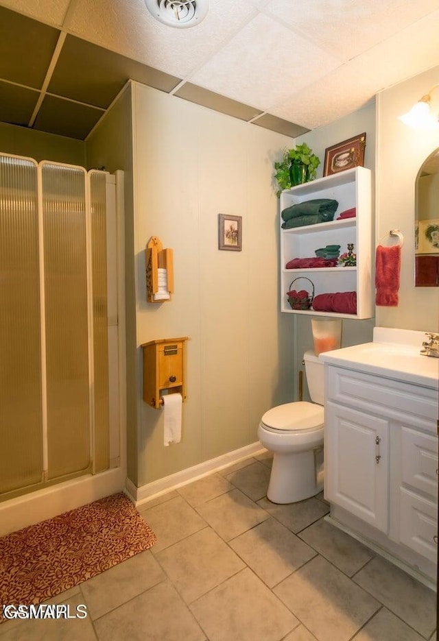 3188 Wears Dr, Sevierville, TN 37862 - bathroom featuring visible vents, a shower stall, vanity, tile patterned floors, and toilet