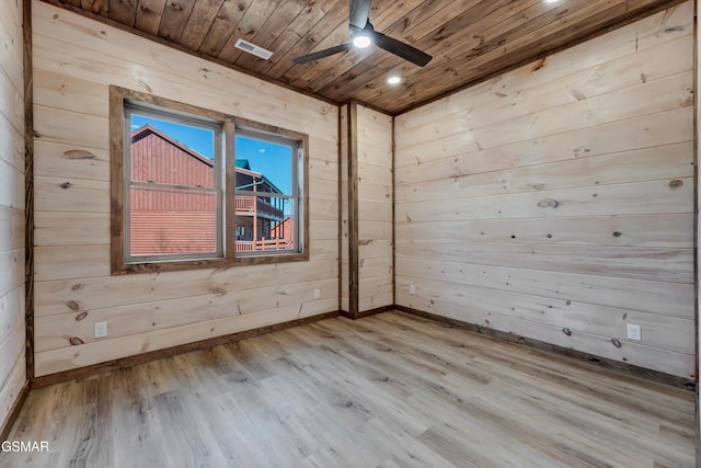 spare room featuring light hardwood / wood-style floors, ceiling fan, wood walls, and wood ceiling