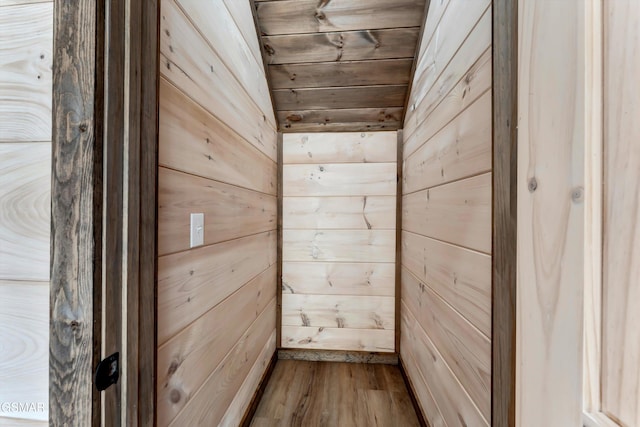 details featuring hardwood / wood-style floors and wooden walls