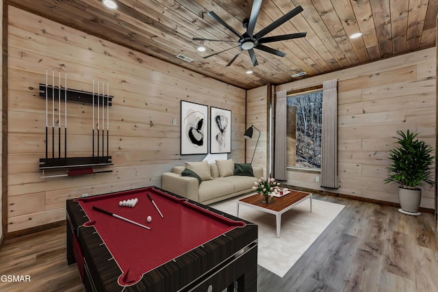 rec room with hardwood / wood-style floors, wooden walls, ceiling fan, pool table, and wood ceiling