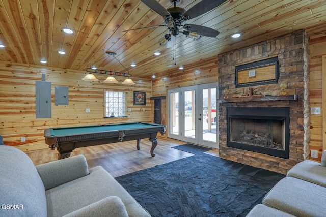 rec room with electric panel, wooden ceiling, french doors, wood finished floors, and billiards