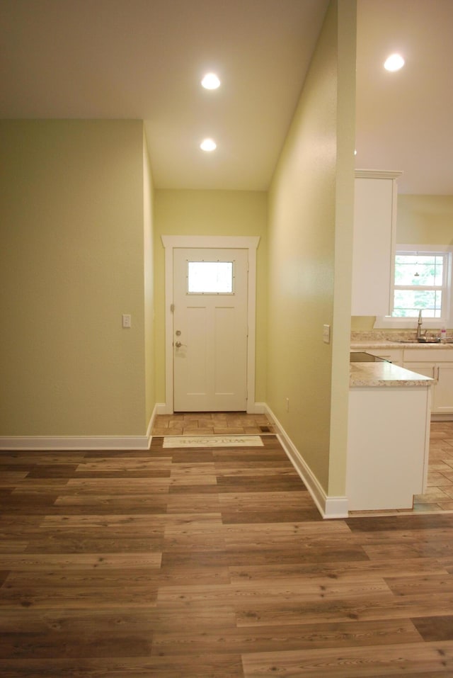 doorway featuring sink and wood-type flooring