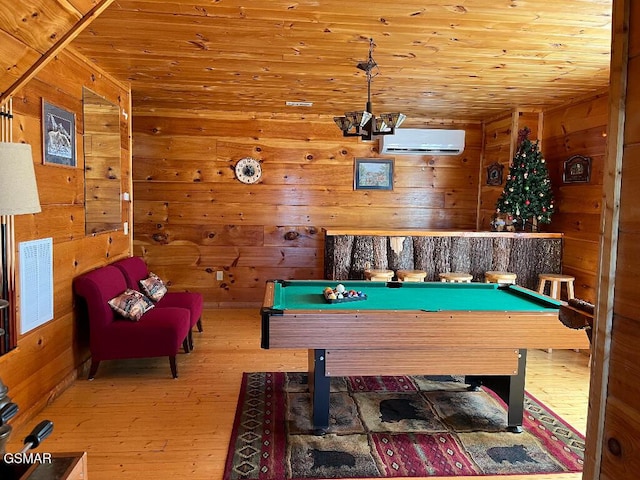 recreation room featuring wood walls, wooden ceiling, and billiards