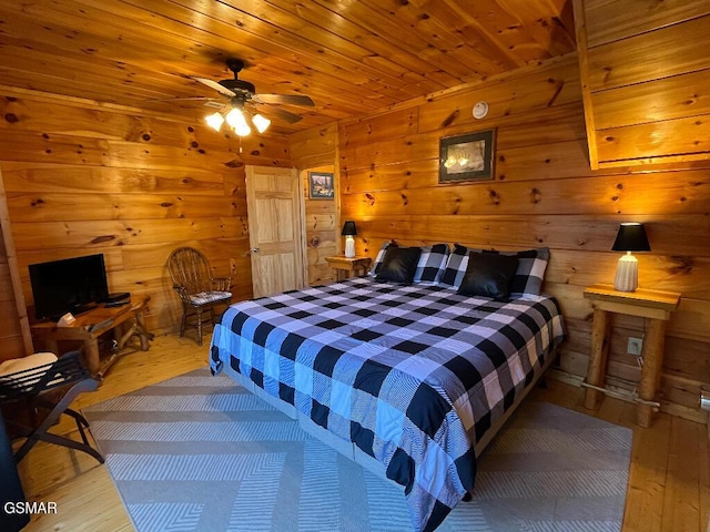 bedroom with ceiling fan, wood-type flooring, and wooden ceiling