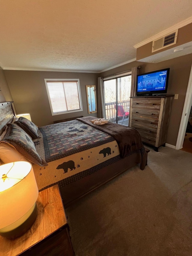 bedroom featuring crown molding, carpet floors, access to outside, and a textured ceiling