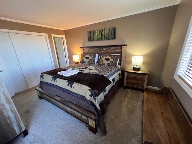 bedroom with ornamental molding, a closet, and carpet