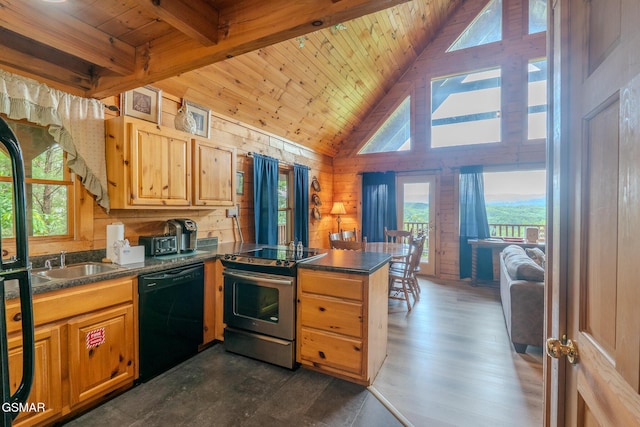 1910 E Mountain View Way, Sevierville, TN 37876 - kitchen with dishwasher, stainless steel electric range oven, wooden ceiling with exposed beams, a peninsula, and dark countertops