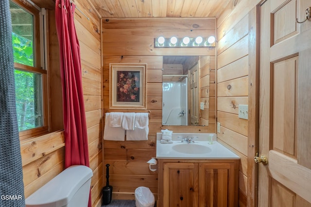 1910 E Mountain View Way, Sevierville, TN 37876 - bathroom with wooden walls, toilet, wood ceiling, vanity, and a shower