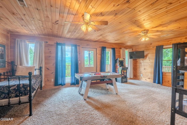 1910 E Mountain View Way, Sevierville, TN 37876 - recreation room with a ceiling fan, healthy amount of natural light, carpet, wooden walls, and wooden ceiling