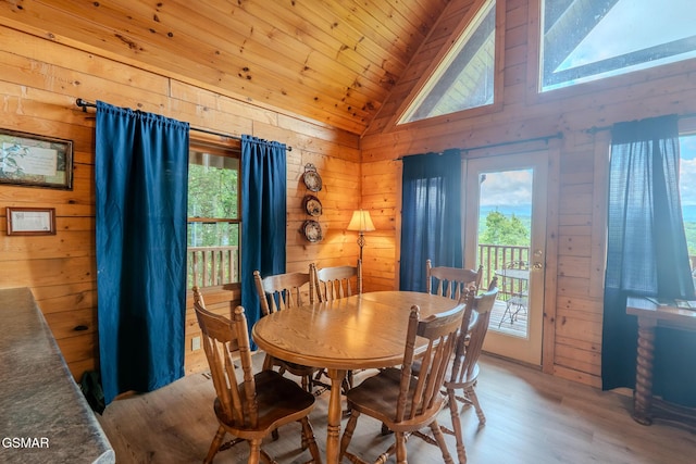 1910 E Mountain View Way, Sevierville, TN 37876 - dining room with wooden walls, wood finished floors, high vaulted ceiling, and wood ceiling