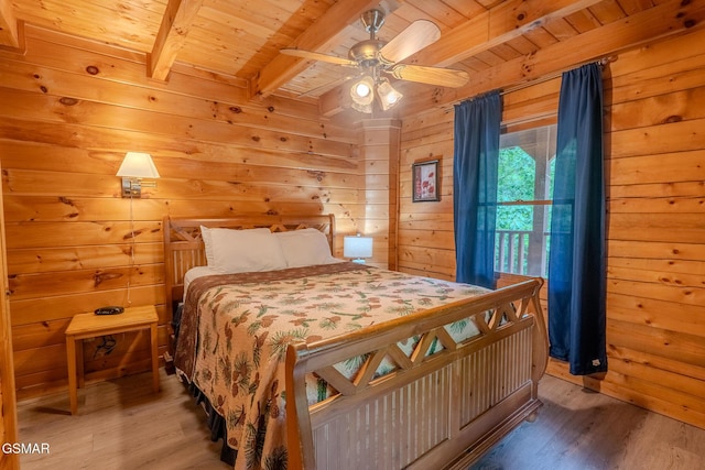 1910 E Mountain View Way, Sevierville, TN 37876 - bedroom featuring wooden ceiling with exposed beams, wood finished floors, wood walls, and ceiling fan