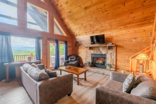 1910 E Mountain View Way, Sevierville, TN 37876 - living area featuring wood ceiling, high vaulted ceiling, wooden walls, wood finished floors, and a stone fireplace