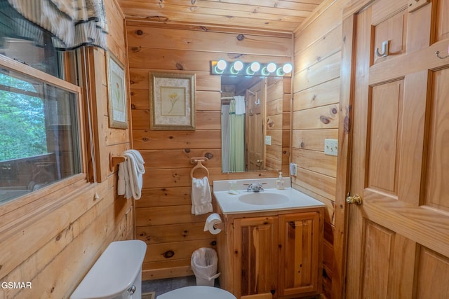 1910 E Mountain View Way, Sevierville, TN 37876 - full bathroom with wooden walls, toilet, vanity, a shower with curtain, and wood ceiling