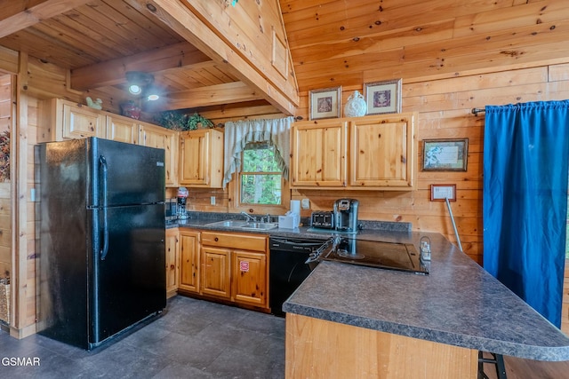 1910 E Mountain View Way, Sevierville, TN 37876 - kitchen with black appliances, dark countertops, wooden walls, wooden ceiling with exposed beams, and a peninsula