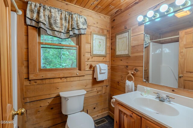 1910 E Mountain View Way, Sevierville, TN 37876 - bathroom with a shower, toilet, vanity, wooden walls, and wood ceiling