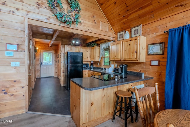 1910 E Mountain View Way, Sevierville, TN 37876 - kitchen featuring black appliances, wood walls, wooden ceiling, a peninsula, and dark countertops
