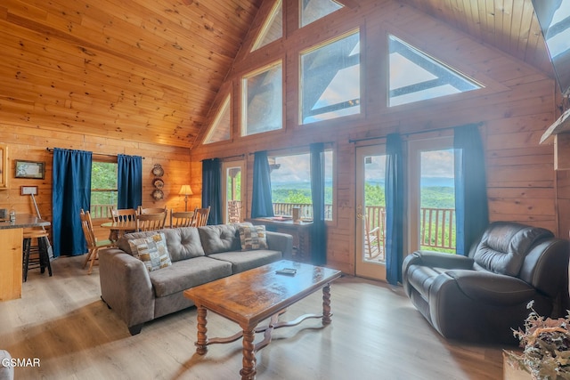 1910 E Mountain View Way, Sevierville, TN 37876 - living room featuring high vaulted ceiling, wood walls, wooden ceiling, and light wood-style flooring