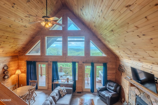 1910 E Mountain View Way, Sevierville, TN 37876 - living area with wood ceiling, wood walls, plenty of natural light, high vaulted ceiling, and a ceiling fan