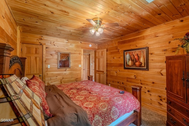 1910 E Mountain View Way, Sevierville, TN 37876 - bedroom featuring wooden ceiling, carpet, wood walls, and ceiling fan