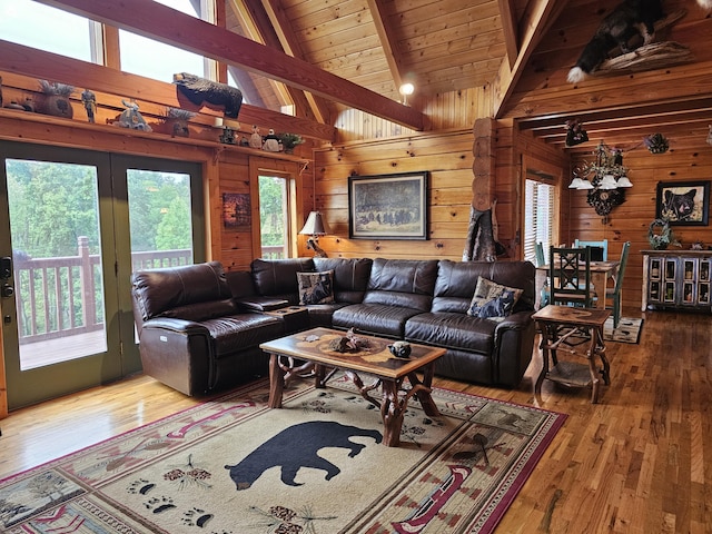 living room with beam ceiling, high vaulted ceiling, wooden walls, wood ceiling, and hardwood / wood-style flooring