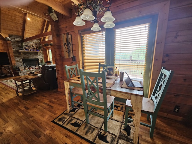 dining area with an inviting chandelier, wood walls, wood-type flooring, a fireplace, and wood ceiling