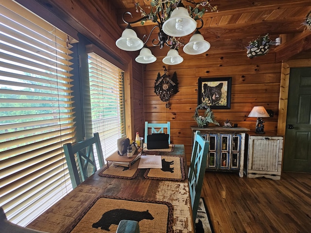 dining space featuring dark hardwood / wood-style floors, wood ceiling, and wooden walls