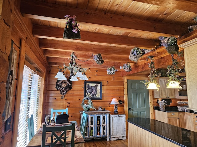 interior space with wood ceiling, a notable chandelier, beamed ceiling, dark hardwood / wood-style floors, and wood walls